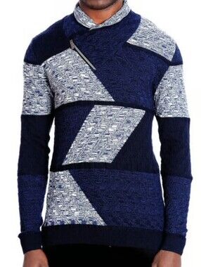 Men's Patchwork Turtleneck Sweater in Navy and Light Gray